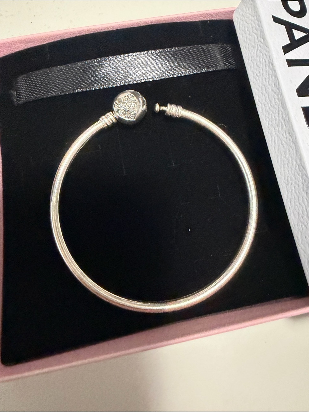 Pandora Silver Tone Bangle Bracelet with CZ Clasp